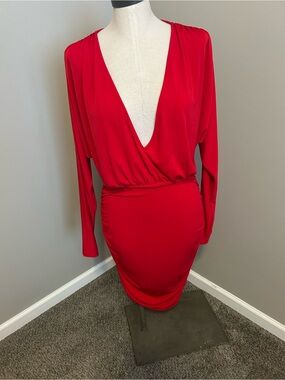 Classic Red Long-Sleeve Deep V-Neck Dress
